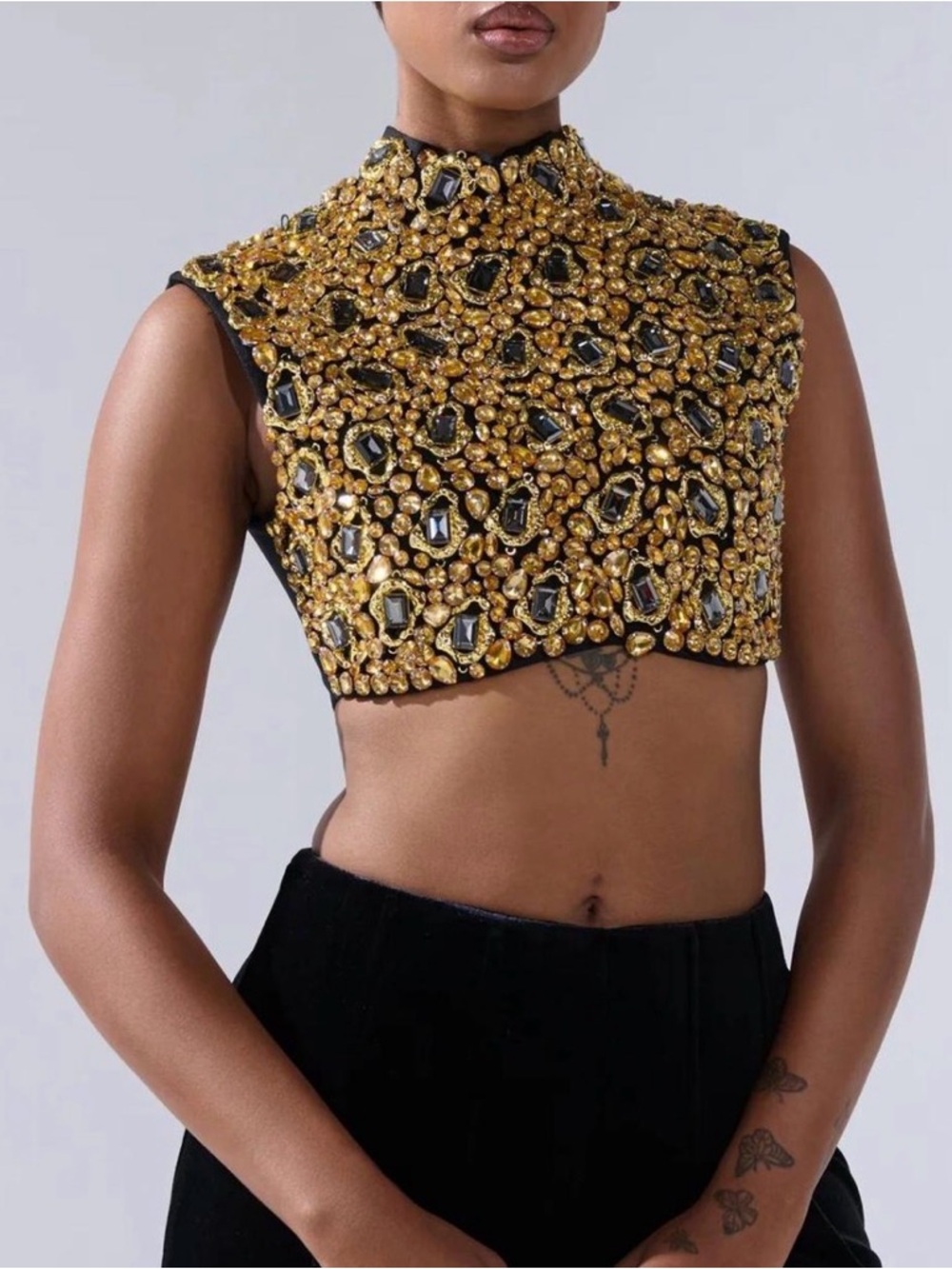 AKIRA Gold Beaded High-Neck Crop Top
